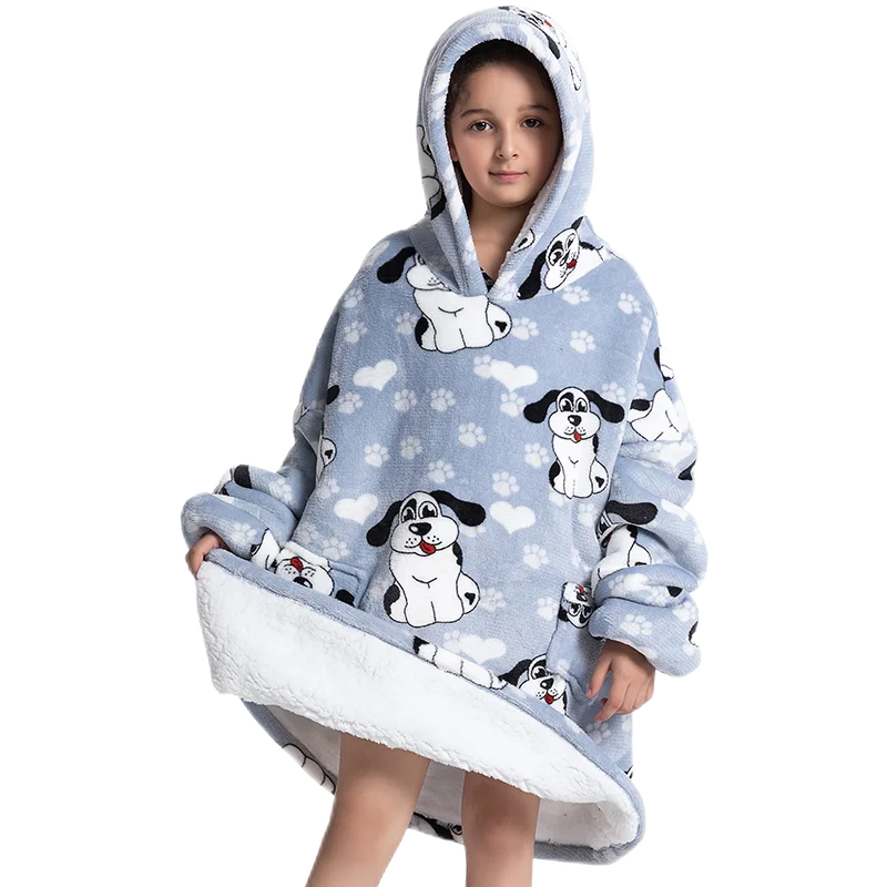 Oversized Wearale Blanket Hoodie Flannel Sherpa Fleece Warm Soft Winter Hoodie Sweatshirt for Kids Adults Snuggle