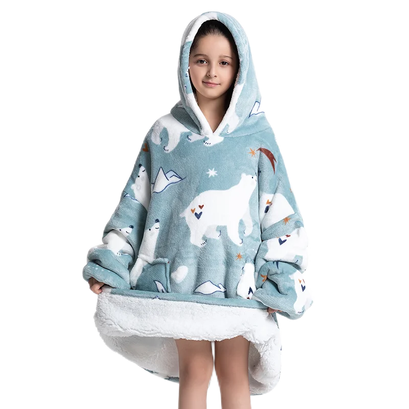 Oversized Wearale Blanket Hoodie Flannel Sherpa Fleece Warm Soft Winter Hoodie Sweatshirt for Kids Adults Snuggle