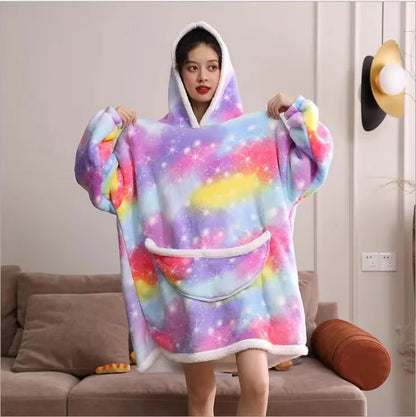 Oversized Wearale Blanket Hoodie Flannel Sherpa Fleece Warm Soft Winter Hoodie Sweatshirt for Kids Adults Snuggle