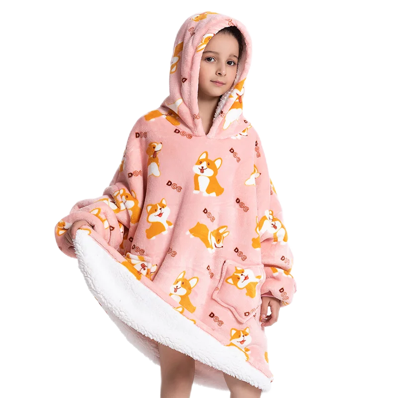 Oversized Wearale Blanket Hoodie Flannel Sherpa Fleece Warm Soft Winter Hoodie Sweatshirt for Kids Adults Snuggle