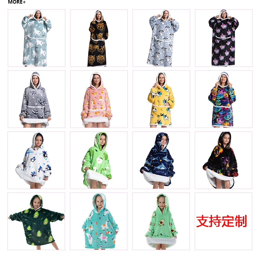 Oversized Wearale Blanket Hoodie Flannel Sherpa Fleece Warm Soft Winter Hoodie Sweatshirt for Kids Adults Snuggle