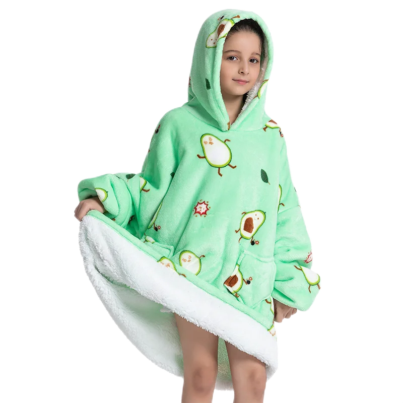 Oversized Wearale Blanket Hoodie Flannel Sherpa Fleece Warm Soft Winter Hoodie Sweatshirt for Kids Adults Snuggle