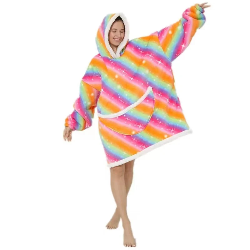 Oversized Wearale Blanket Hoodie Flannel Sherpa Fleece Warm Soft Winter Hoodie Sweatshirt for Kids Adults Snuggle